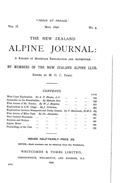 New Zealand Alpine Journal 1896 Vol 2 No 9 cover
